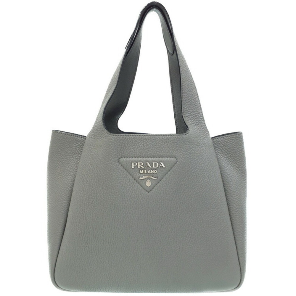 Prada leather tote bag granite gray top handles logo